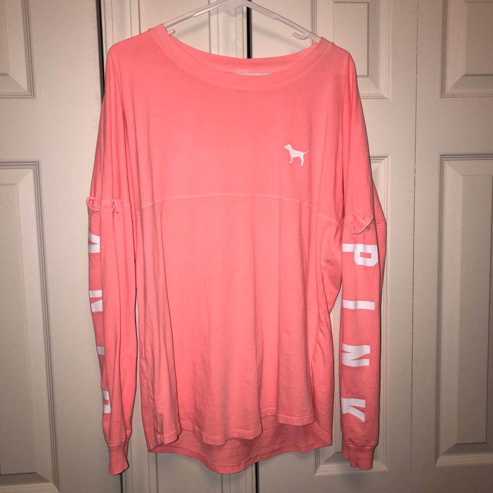 VS PINK Campus Tee with Dog Logo on the Back Coral